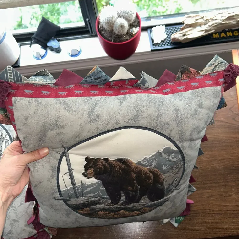 Vintage handmade Pillows Wolves Grizzly Bear Circle rustic cabin country decor
